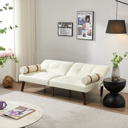 Convertible Sofa Bed Futon with Solid Wood Legs - Linen Fabric Ivory