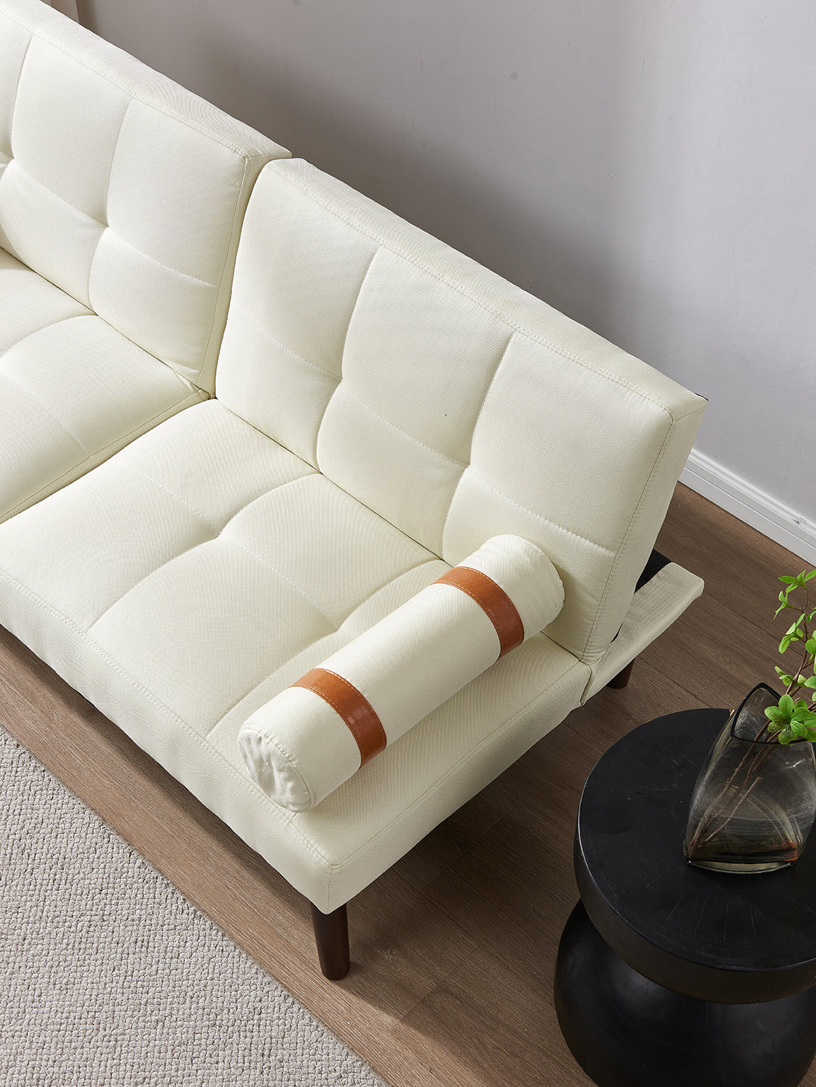 Convertible Sofa Bed Futon with Solid Wood Legs - Linen Fabric Ivory