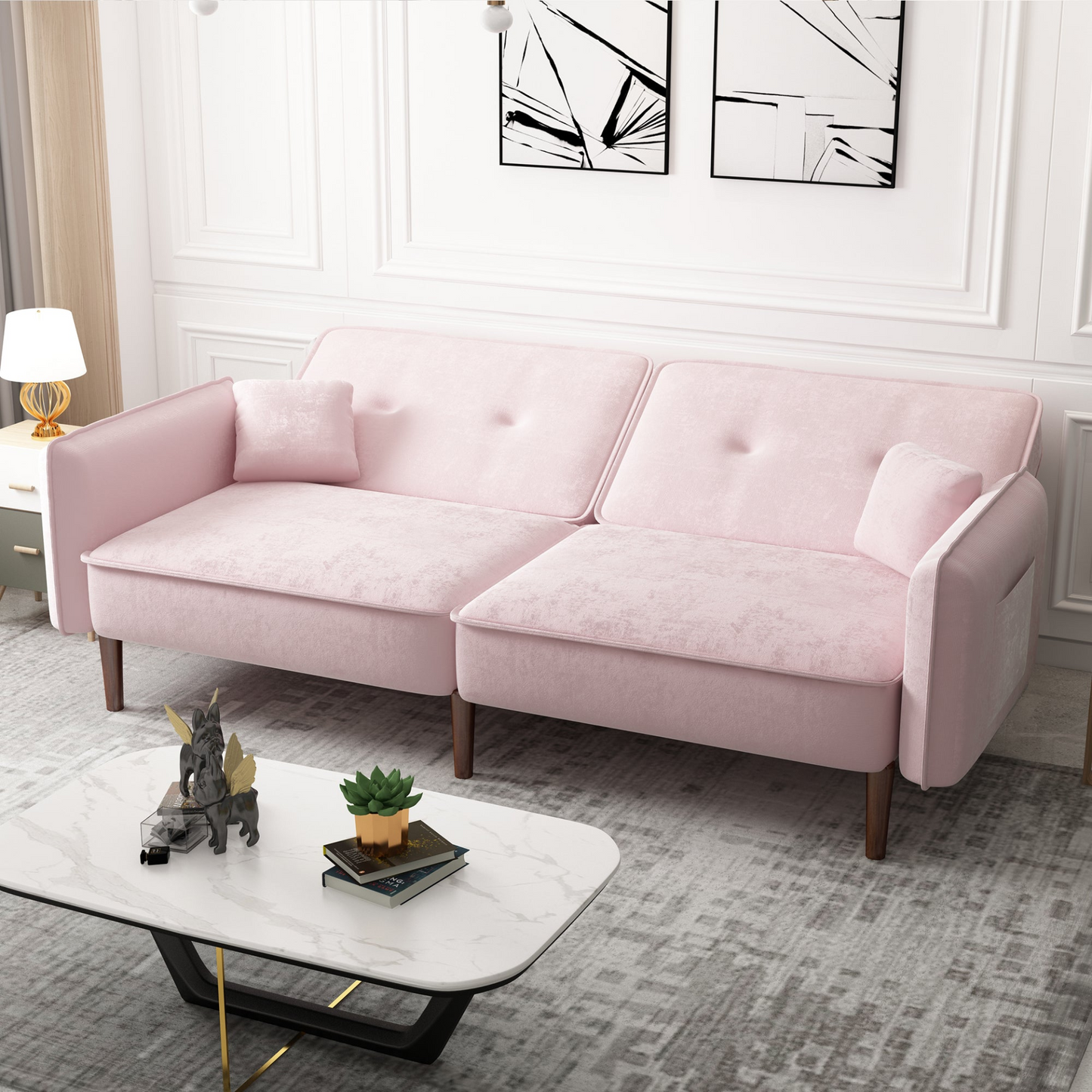 Stylish and Functional Velvet Convertible Sofa Bed with Wood Legs in Pink