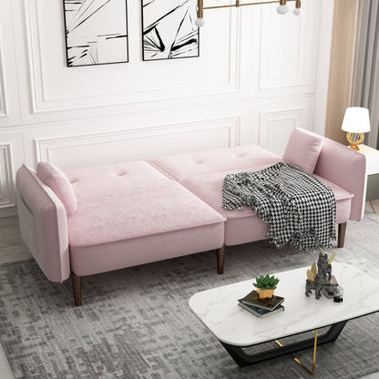 Stylish and Functional Velvet Convertible Sofa Bed with Wood Legs in Pink