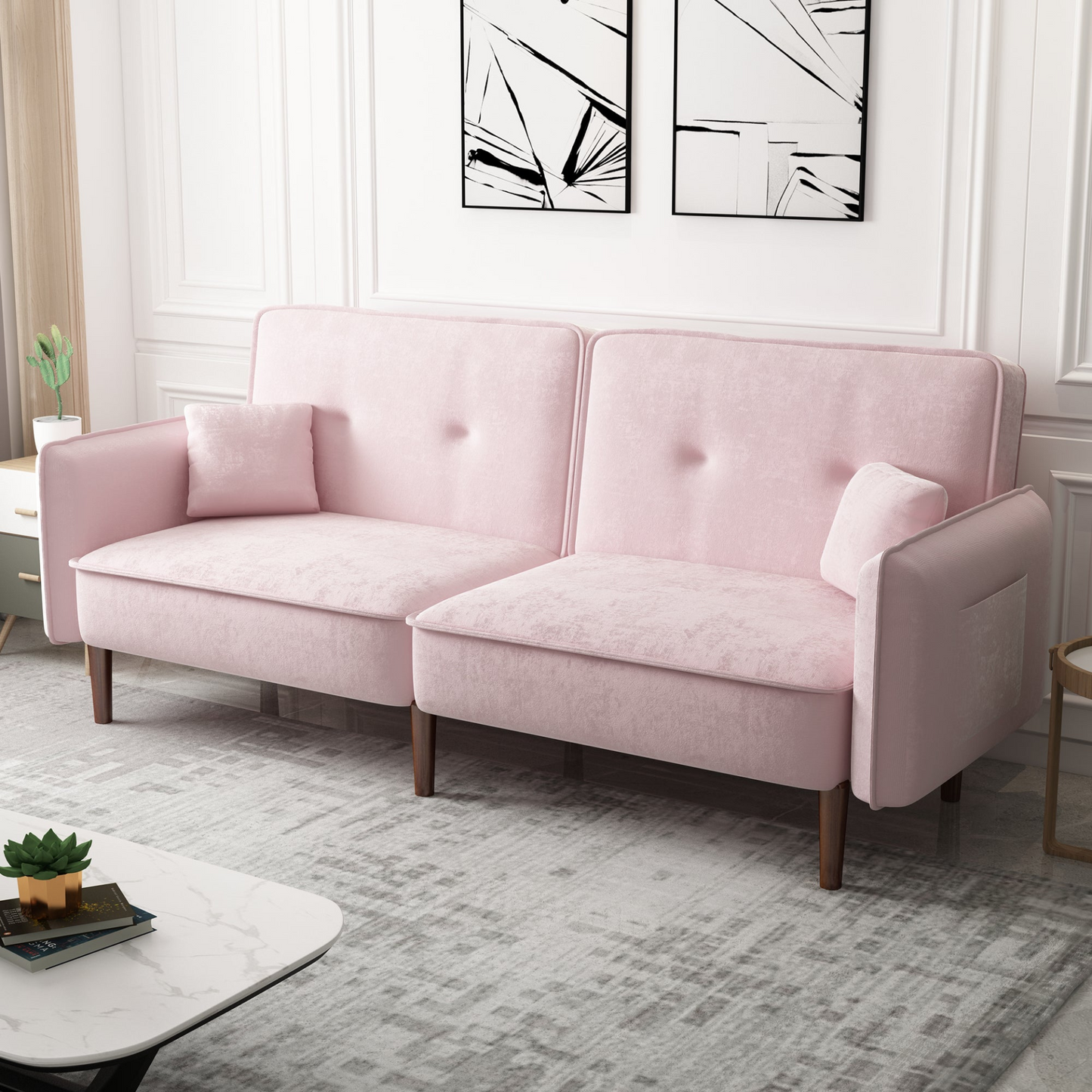 Stylish and Functional Velvet Convertible Sofa Bed with Wood Legs in Pink