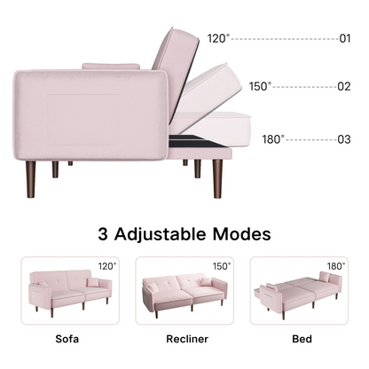 Stylish and Functional Velvet Convertible Sofa Bed with Wood Legs in Pink