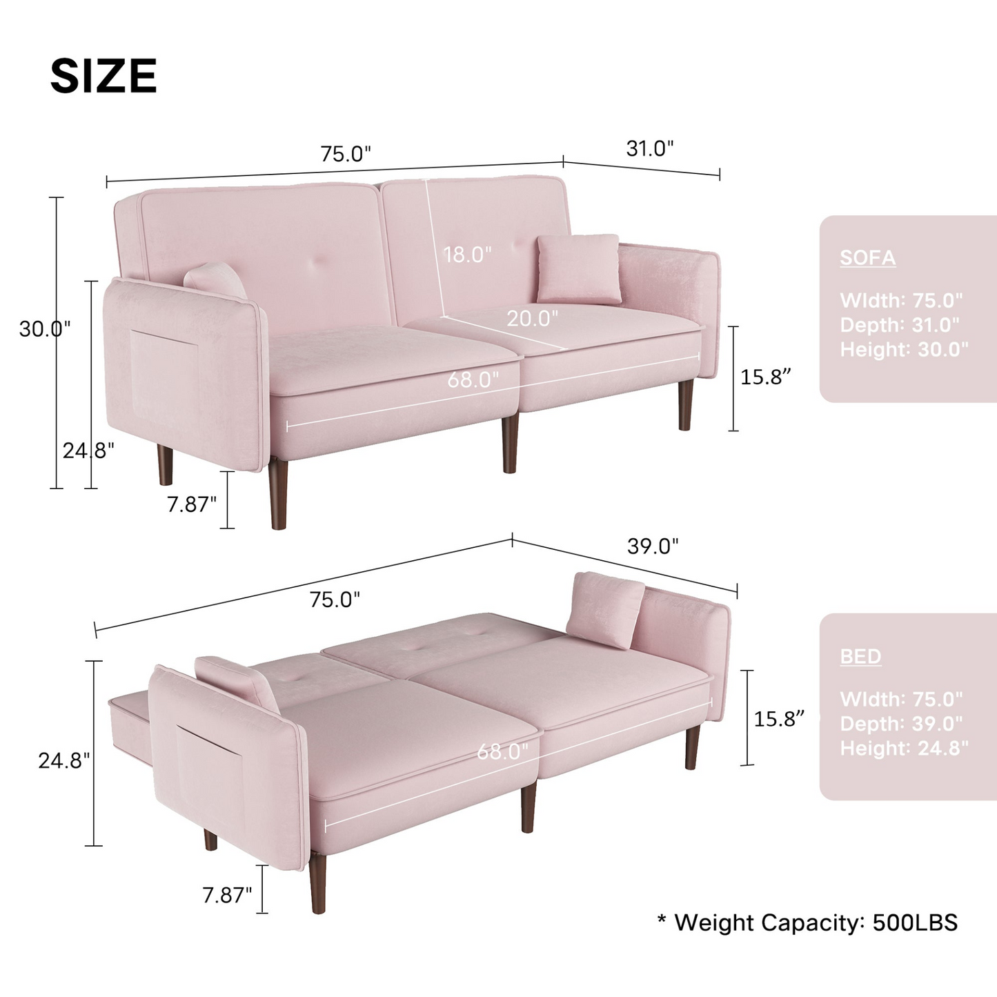 Stylish and Functional Velvet Convertible Sofa Bed with Wood Legs in Pink