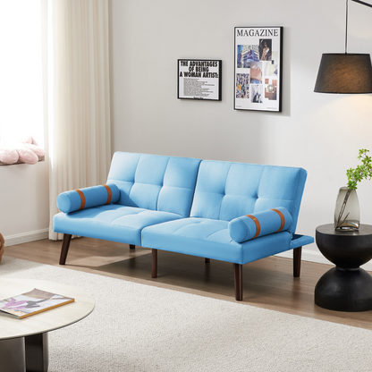 Convertible Sofa Bed Futon with Solid Wood Legs | Blue Linen Fabric