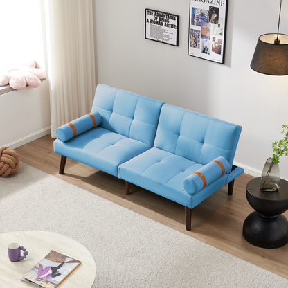 Convertible Sofa Bed Futon with Solid Wood Legs | Blue Linen Fabric