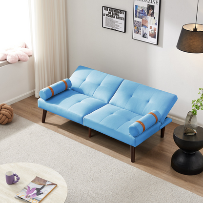 Convertible Sofa Bed Futon with Solid Wood Legs | Blue Linen Fabric