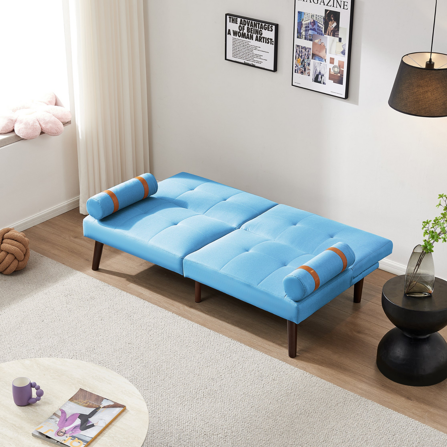 Convertible Sofa Bed Futon with Solid Wood Legs | Blue Linen Fabric