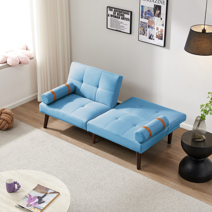 Convertible Sofa Bed Futon with Solid Wood Legs | Blue Linen Fabric