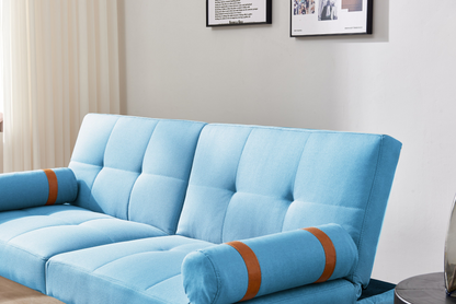 Convertible Sofa Bed Futon with Solid Wood Legs | Blue Linen Fabric