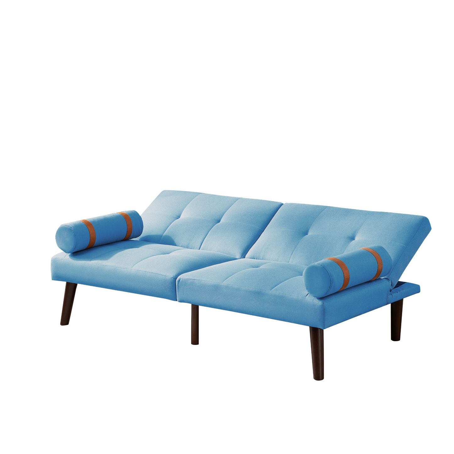 Convertible Sofa Bed Futon with Solid Wood Legs | Blue Linen Fabric