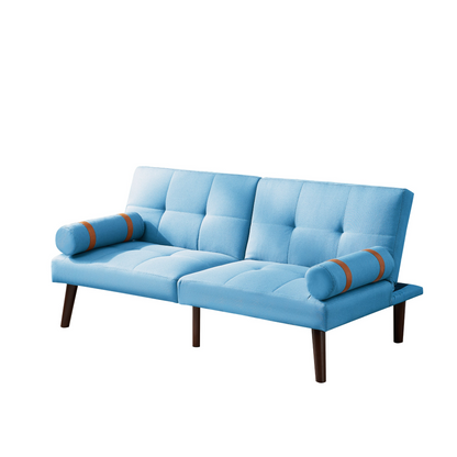 Convertible Sofa Bed Futon with Solid Wood Legs | Blue Linen Fabric