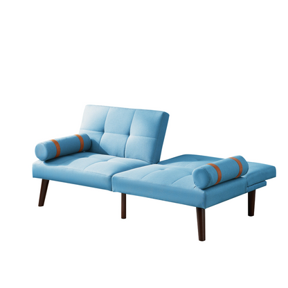 Convertible Sofa Bed Futon with Solid Wood Legs | Blue Linen Fabric