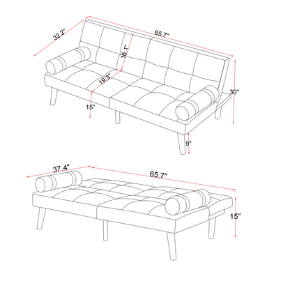 Convertible Sofa Bed Futon with Solid Wood Legs | Blue Linen Fabric