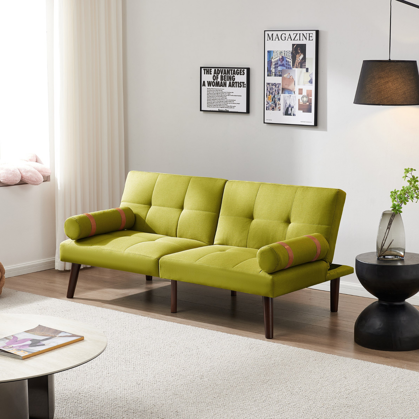 Convertible Sofa Bed Futon with Solid Wood Legs | Linen Fabric | Mustard Green - Versatile Design for Small Spaces