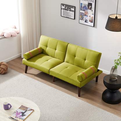 Convertible Sofa Bed Futon with Solid Wood Legs | Linen Fabric | Mustard Green - Versatile Design for Small Spaces