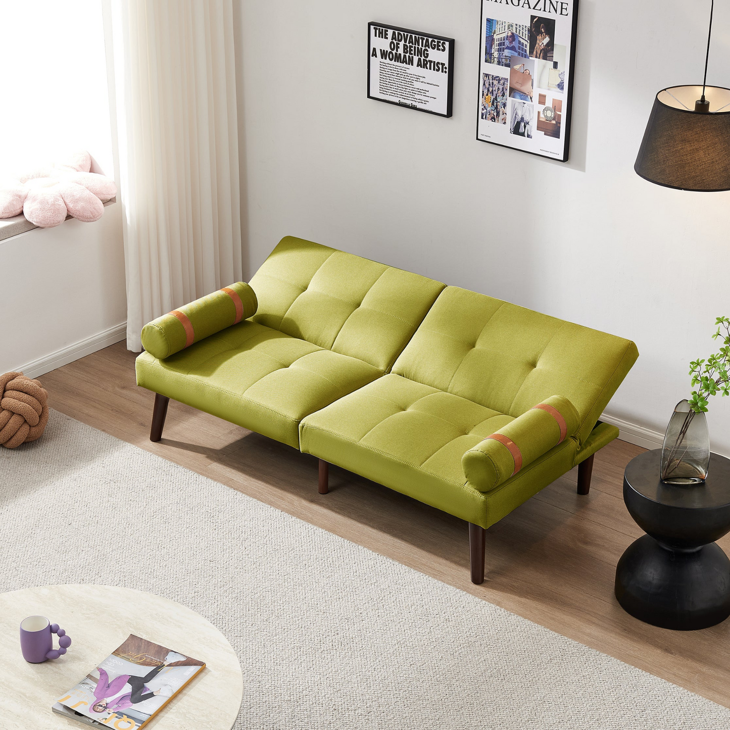 Convertible Sofa Bed Futon with Solid Wood Legs | Linen Fabric | Mustard Green - Versatile Design for Small Spaces