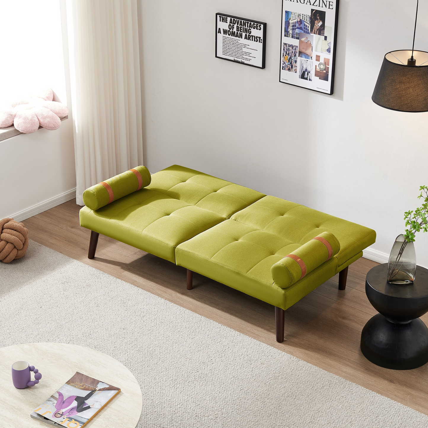 Convertible Sofa Bed Futon with Solid Wood Legs | Linen Fabric | Mustard Green - Versatile Design for Small Spaces