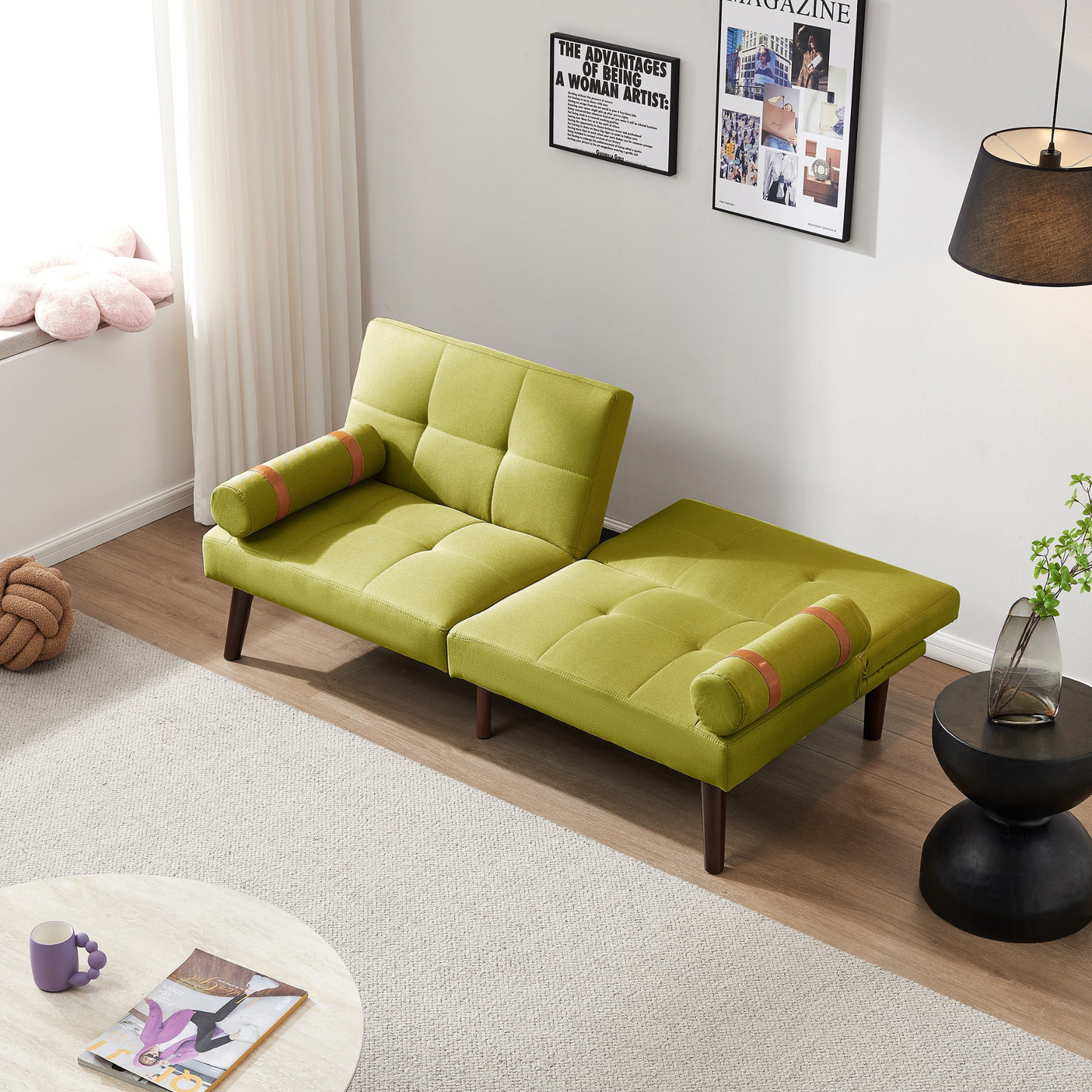 Convertible Sofa Bed Futon with Solid Wood Legs | Linen Fabric | Mustard Green - Versatile Design for Small Spaces