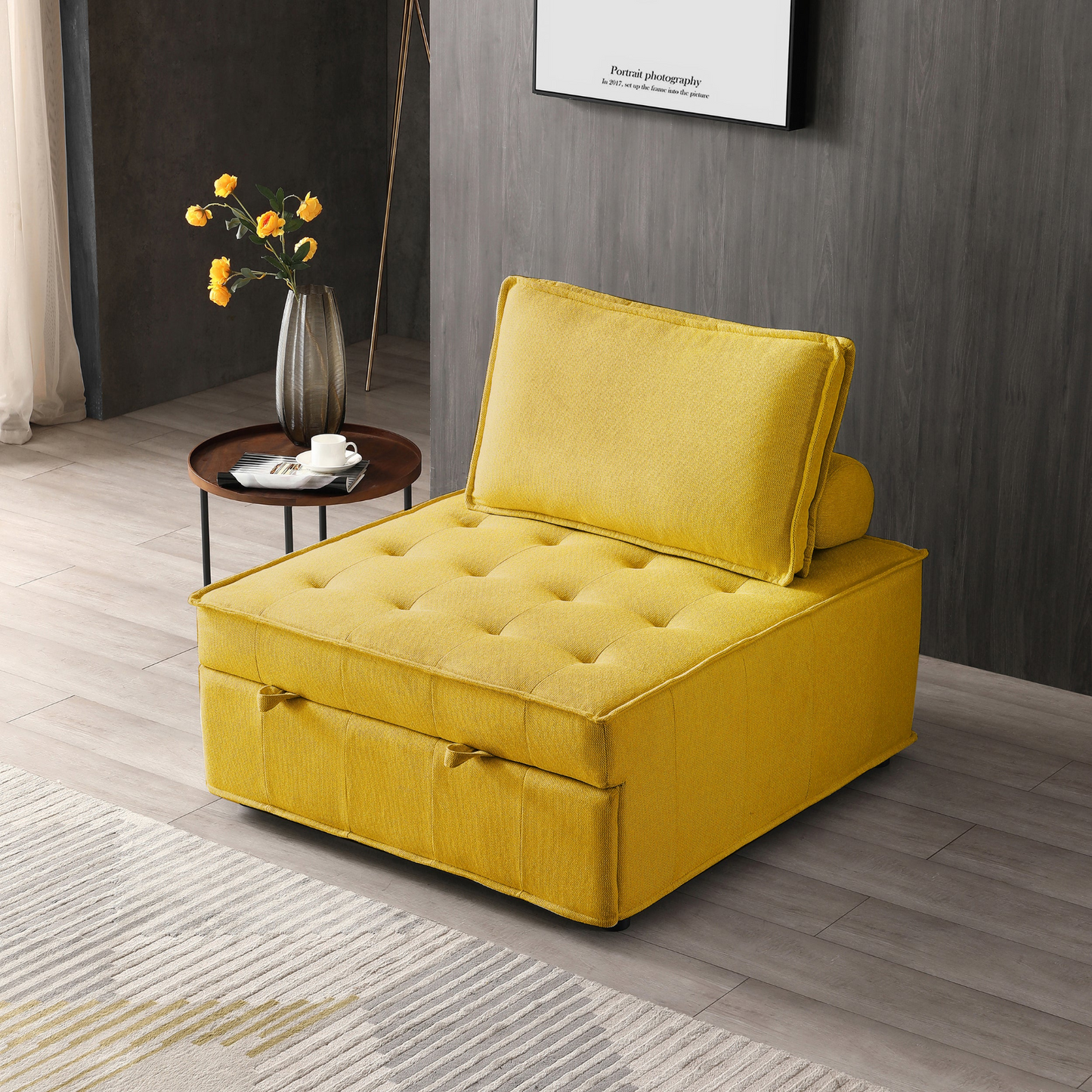 Multipurpose Linen Fabric Ottoman Lazy Sofa Pulling Out Sofa Bed (Yellow) - Transformable & Versatile | Easy Assembly | Comfortable Support | Spacious Dimensions