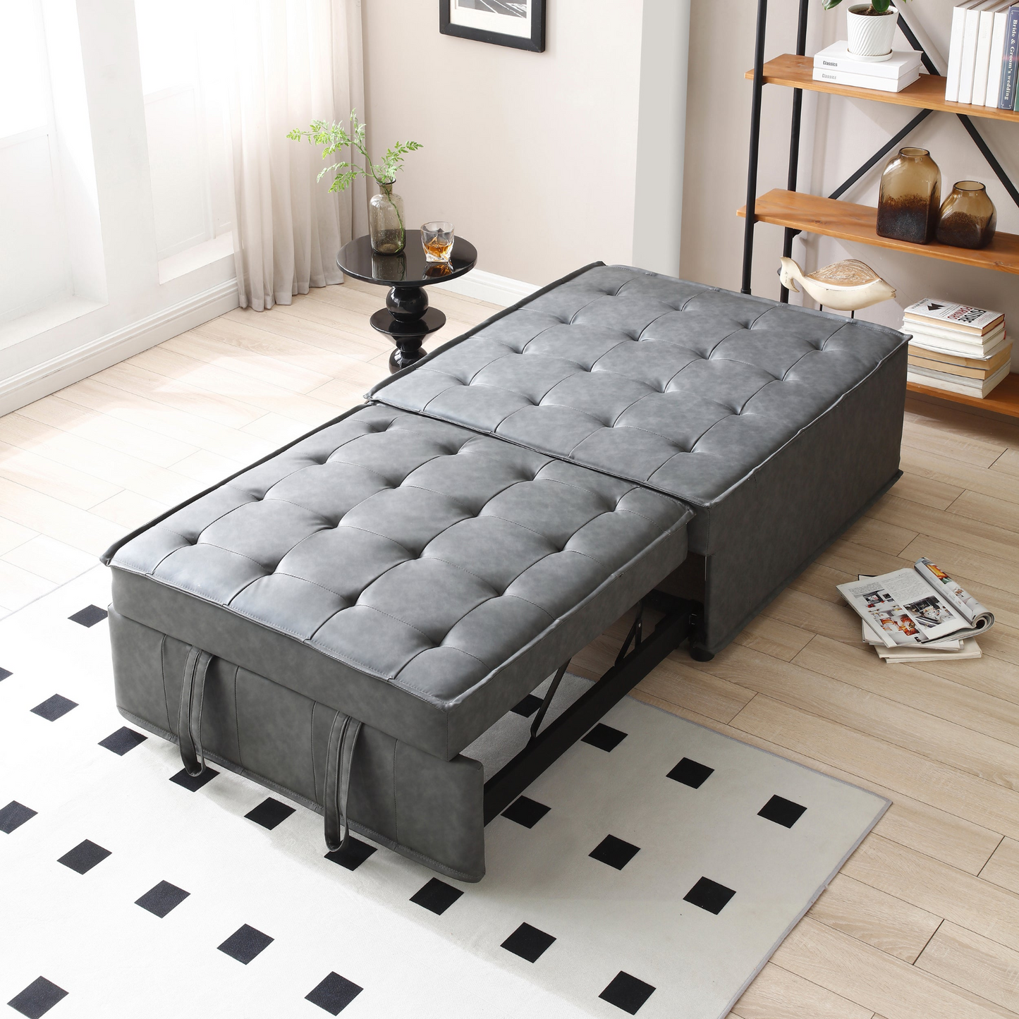 Multipurpose Faux Leather Ottoman Lazy Chair Pulling Out Sofa Bed (Dark Grey) - Comfortable and Versatile Furniture