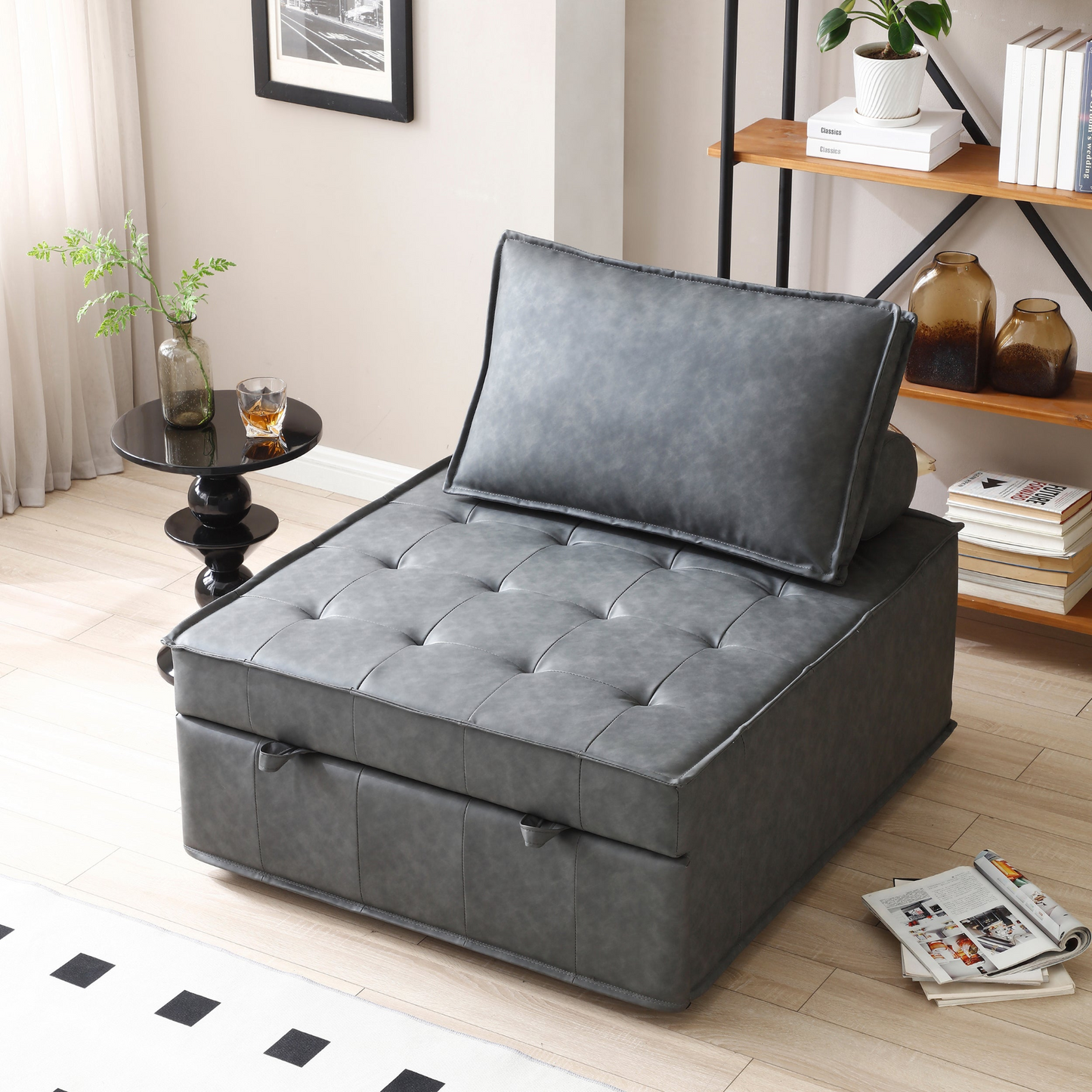 Multipurpose Faux Leather Ottoman Lazy Chair Pulling Out Sofa Bed (Dark Grey) - Comfortable and Versatile Furniture