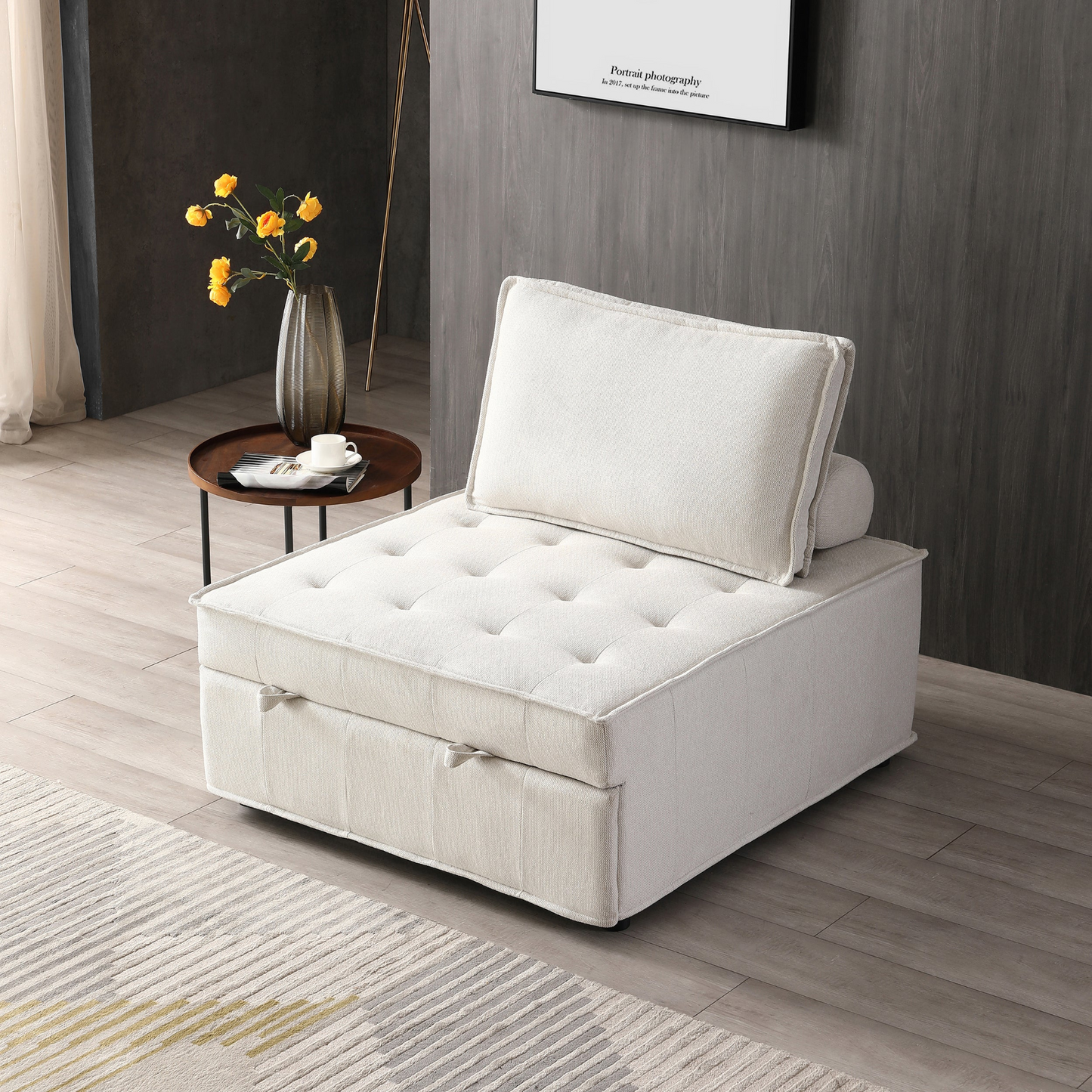 Multipurpose Linen Fabric Ottoman Lazy Sofa Pulling Out Sofa Bed (Beige) - Convertible, Comfortable, and Stylish