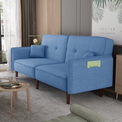 Living Room Bedroom Leisure Futon Sofa Bed in Blue Fabric with Solid Wood Leg