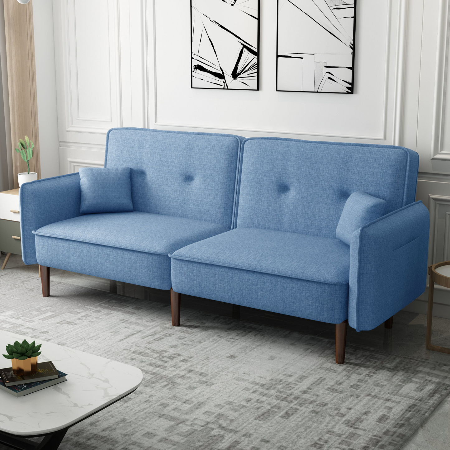 Living Room Bedroom Leisure Futon Sofa Bed in Blue Fabric with Solid Wood Leg