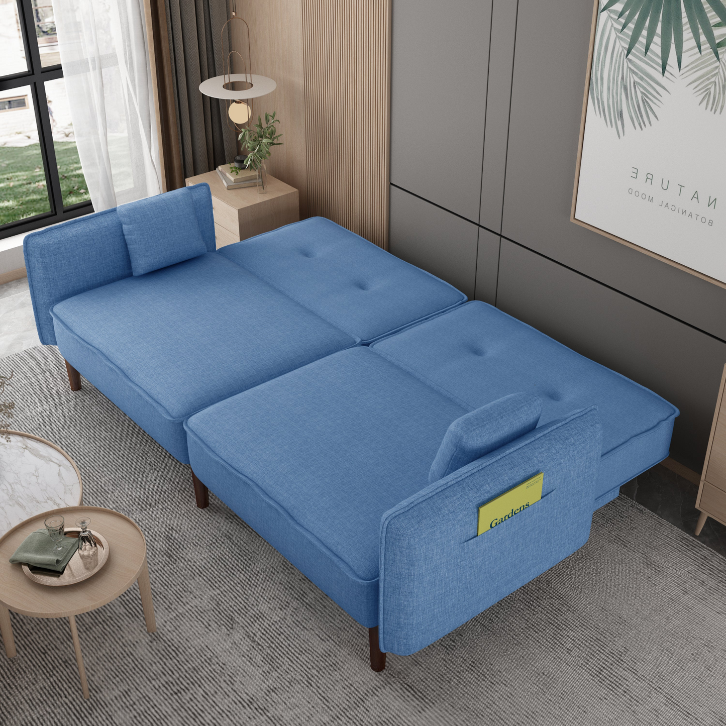 Living Room Bedroom Leisure Futon Sofa Bed in Blue Fabric with Solid Wood Leg