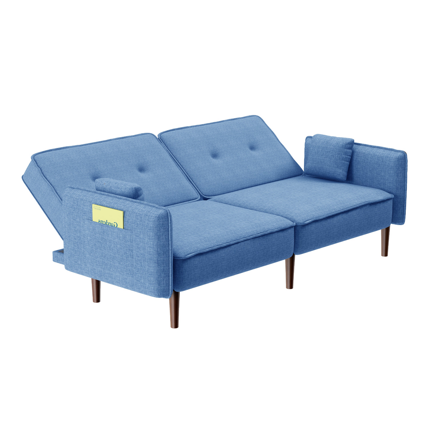 Living Room Bedroom Leisure Futon Sofa Bed in Blue Fabric with Solid Wood Leg