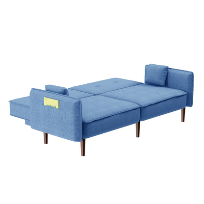 Living Room Bedroom Leisure Futon Sofa Bed in Blue Fabric with Solid Wood Leg