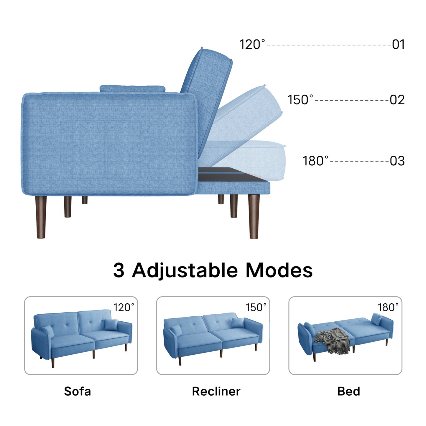 Living Room Bedroom Leisure Futon Sofa Bed in Blue Fabric with Solid Wood Leg