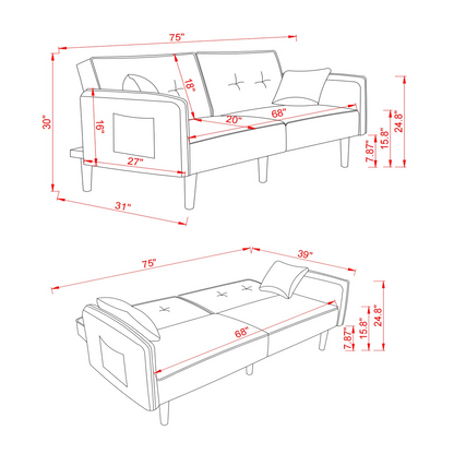 Living Room Bedroom Leisure Futon Sofa Bed in Blue Fabric with Solid Wood Leg