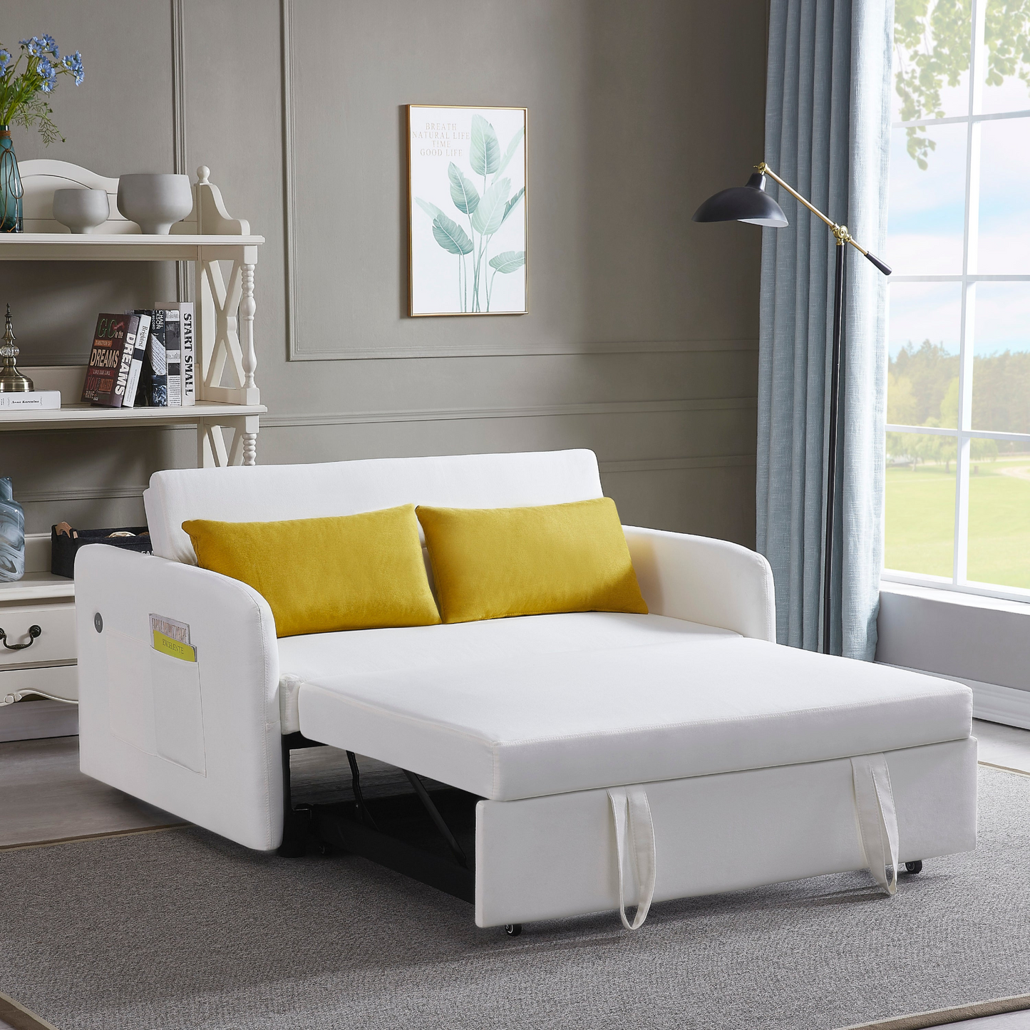 Twins Sofa Bed Cream White Fabric - Multifunctional, Easy Assembly, Comfortable Support