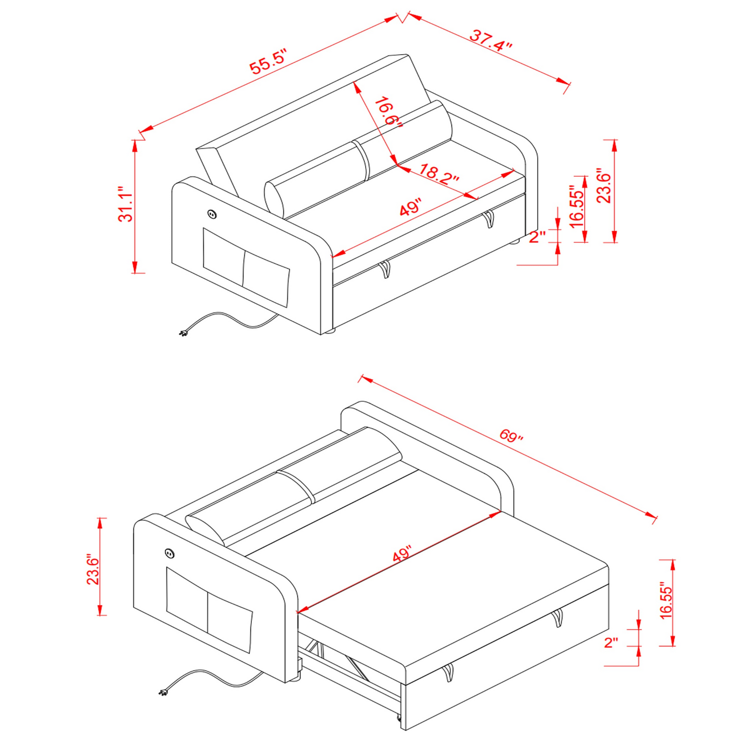 Twins Sofa Bed Cream White Fabric - Multifunctional, Easy Assembly, Comfortable Support