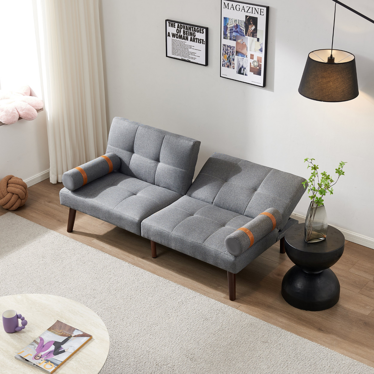 Convertible Sofa Bed Futon with Solid Wood Legs - Grey Linen Fabric