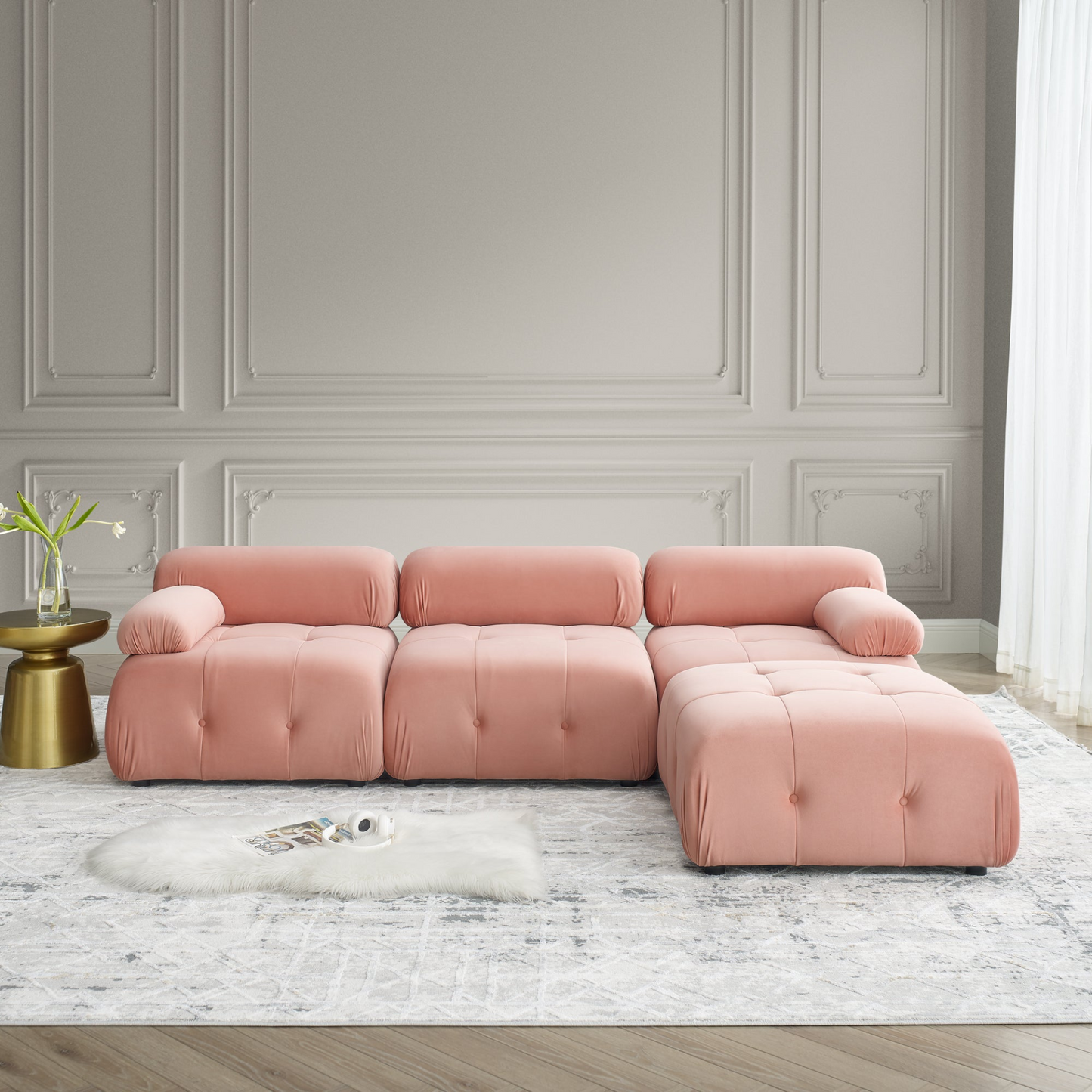 Modular Sectional Sofa, Button Tufted Designed and DIY Combination, L Shaped Couch with Reversible Ottoman, Pink Velvet