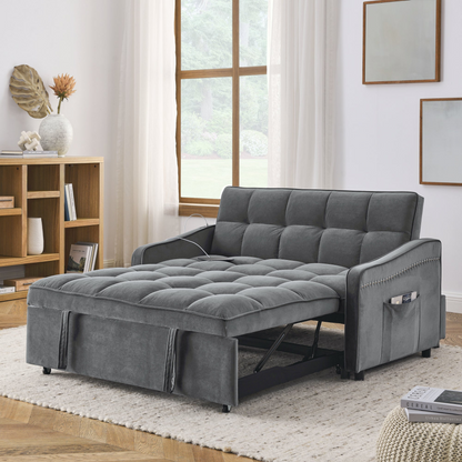 Loveseats Sofa Bed with Pull-out Bed, Adjustable Back and Two Arm Pocket, TypeC and USB Charging with Copper Nail, Grey (47"x53"x31")