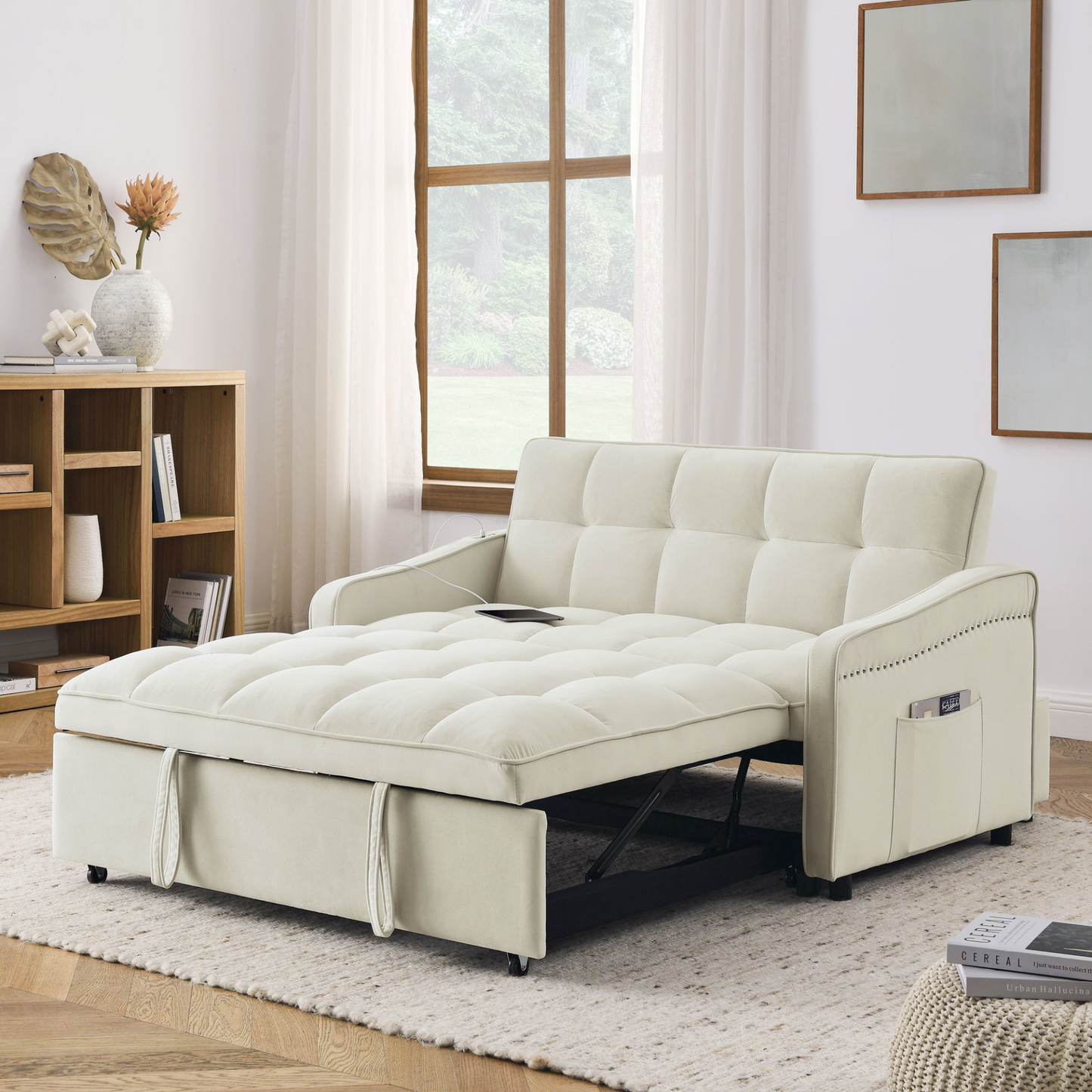 Stylish and Versatile Loveseats Sofa Bed with Pull-out Bed, Adjustable Back and Arm Pocket in Beige