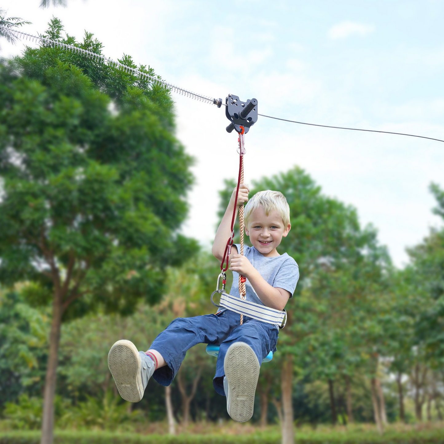 VEVOR Zipline Kit for Kids and Adult, 60 ft Zip Line Kits Up to 500 lb, Backyard Outdoor Quick Setup Zipline, Playground Entertainment with Stainless Steel Zipline, Spring Brake, Safety Harness, Seat