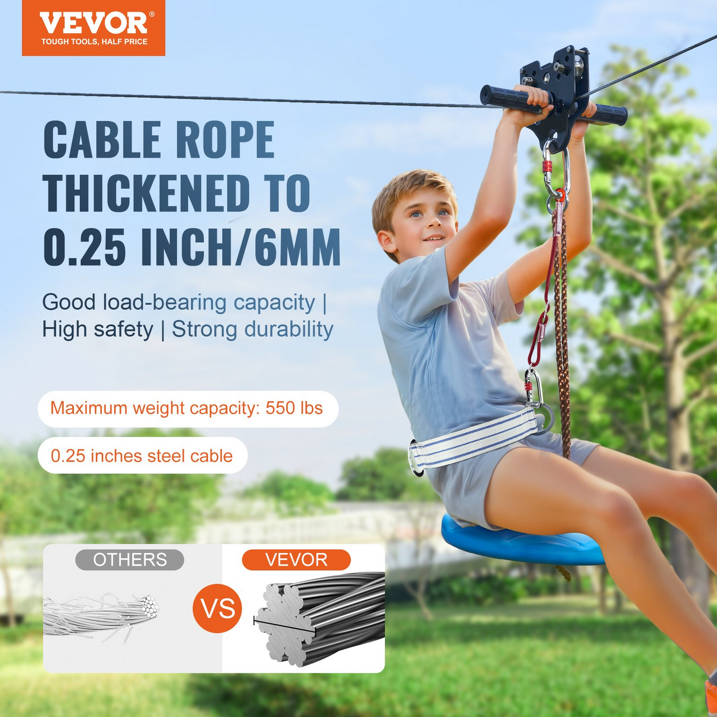 VEVOR 80 ft Zipline Kit | Quick Setup for Kids & Adults | Up to 500 lb | Complete with Safety Harness & Seat