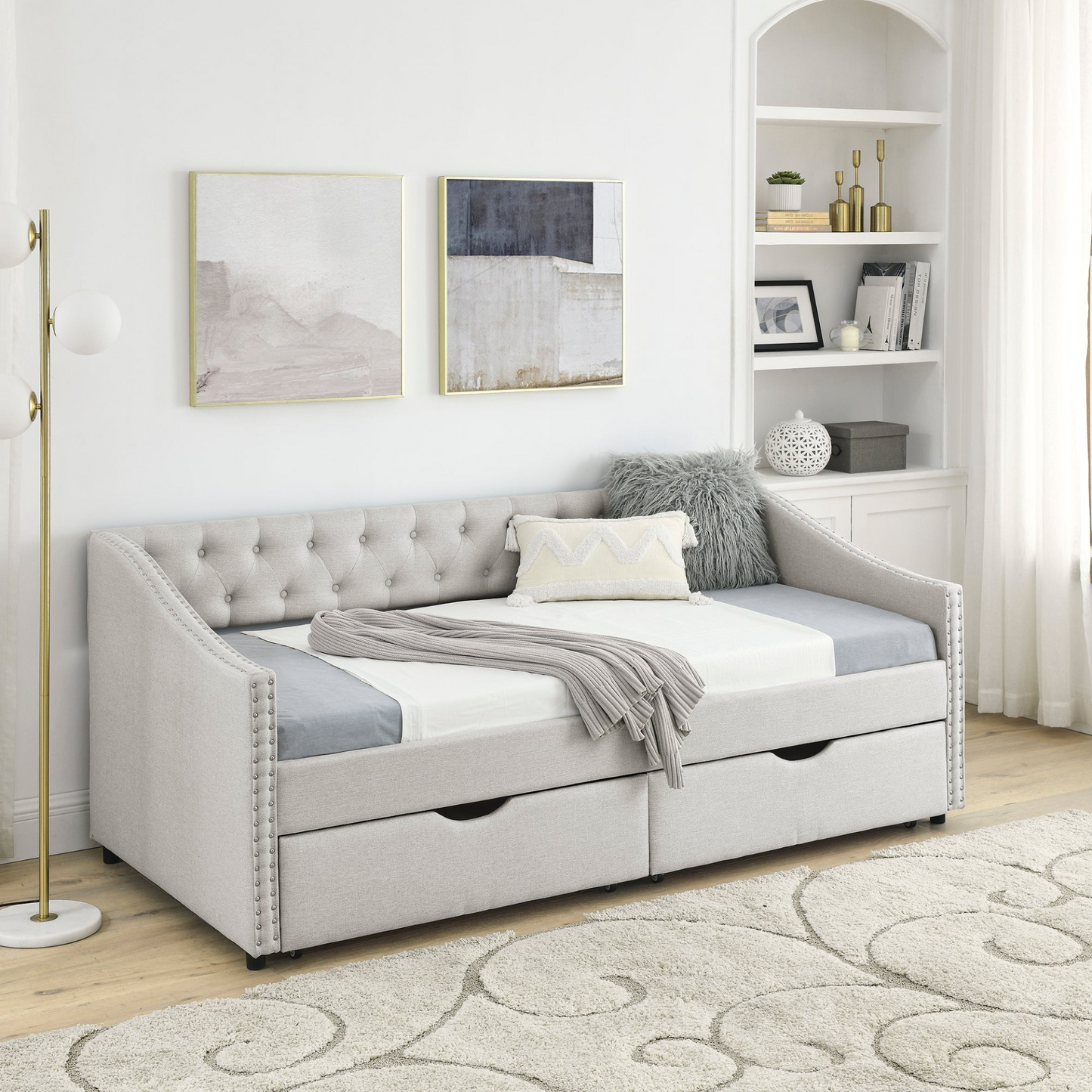 Twin Size Daybed with Drawers Upholstered Tufted Sofa Bed, Beige