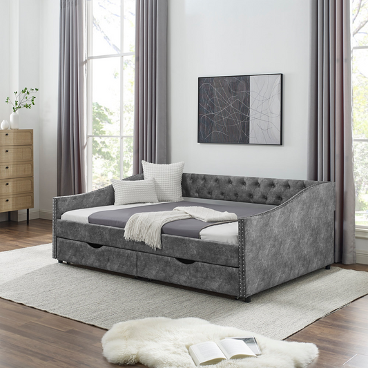 Full Size Daybed with Drawers Upholstered Tufted Sofa Bed - Grey