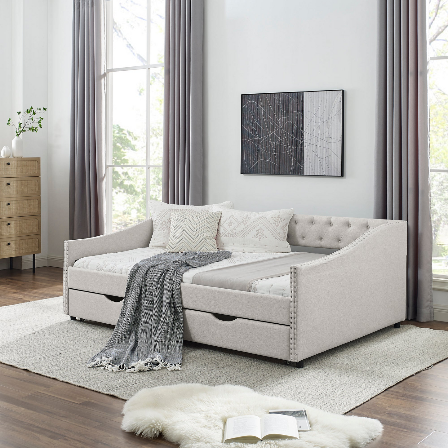 Full Size Daybed with Drawers Upholstered Tufted Sofa Bed, Beige (80.5''x55.5''x27.5'')