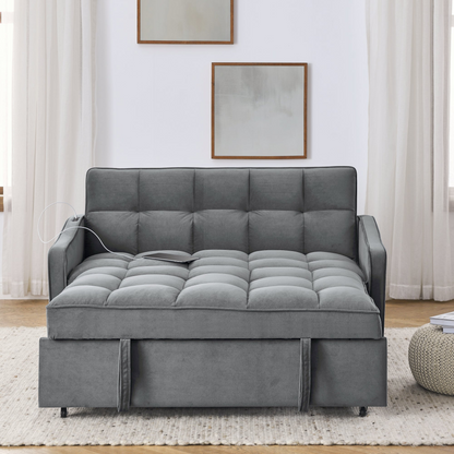 Loveseats Sofa Bed with Pull-out Bed, Adjustable Back and Two Arm Pocket, TypeC and USB Charging with Copper Nail, Grey (47"x53"x31")