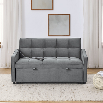 Loveseats Sofa Bed with Pull-out Bed, Adjustable Back and Two Arm Pocket, TypeC and USB Charging with Copper Nail, Grey (47"x53"x31")