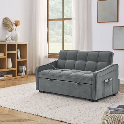 Loveseats Sofa Bed with Pull-out Bed, Adjustable Back and Two Arm Pocket, TypeC and USB Charging with Copper Nail, Grey (47"x53"x31")