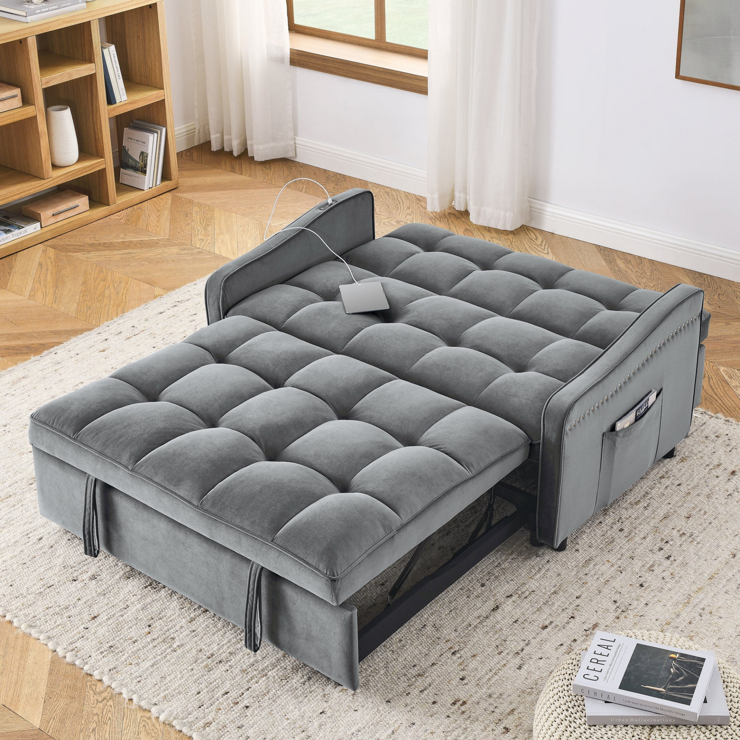 Loveseats Sofa Bed with Pull-out Bed, Adjustable Back and Two Arm Pocket, TypeC and USB Charging with Copper Nail, Grey (47"x53"x31")