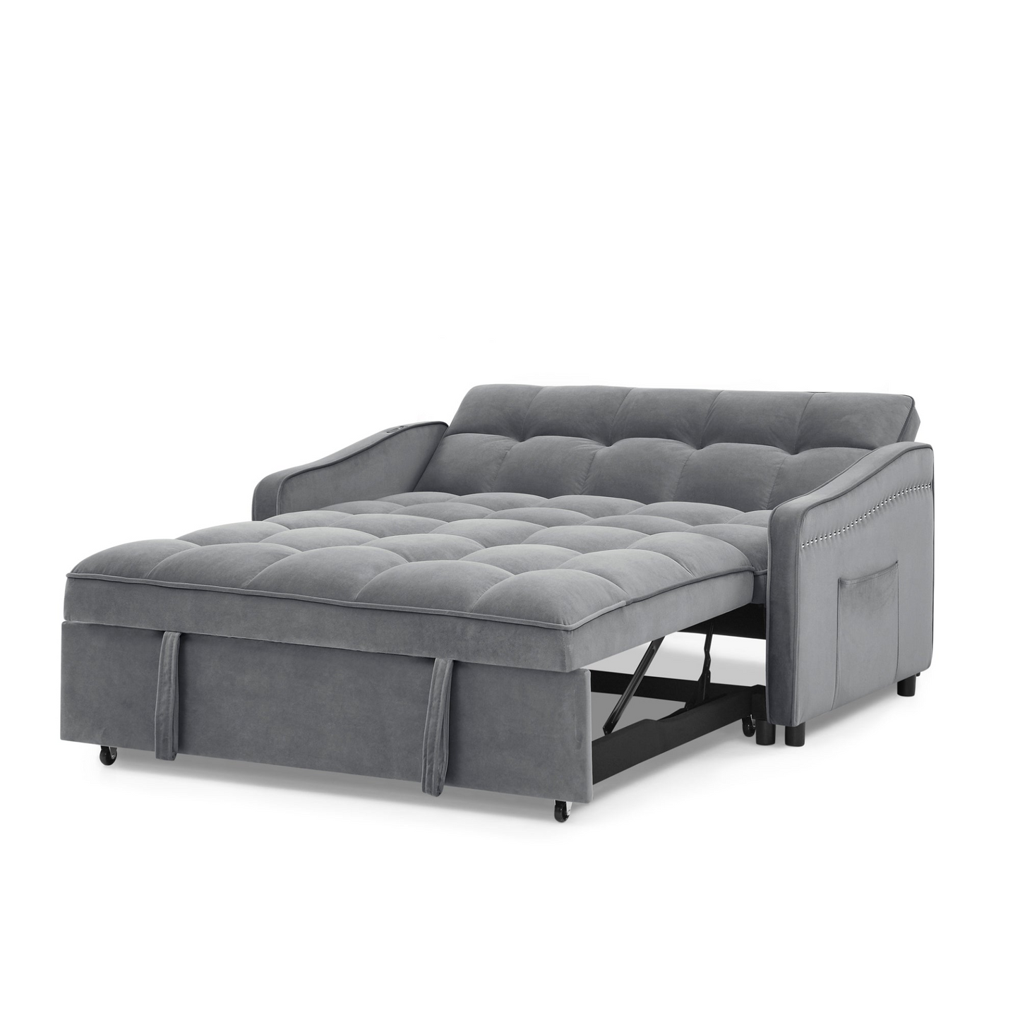 Loveseats Sofa Bed with Pull-out Bed, Adjustable Back and Two Arm Pocket, TypeC and USB Charging with Copper Nail, Grey (47"x53"x31")