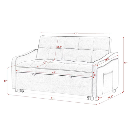 Loveseats Sofa Bed with Pull-out Bed, Adjustable Back and Two Arm Pocket, TypeC and USB Charging with Copper Nail, Grey (47"x53"x31")